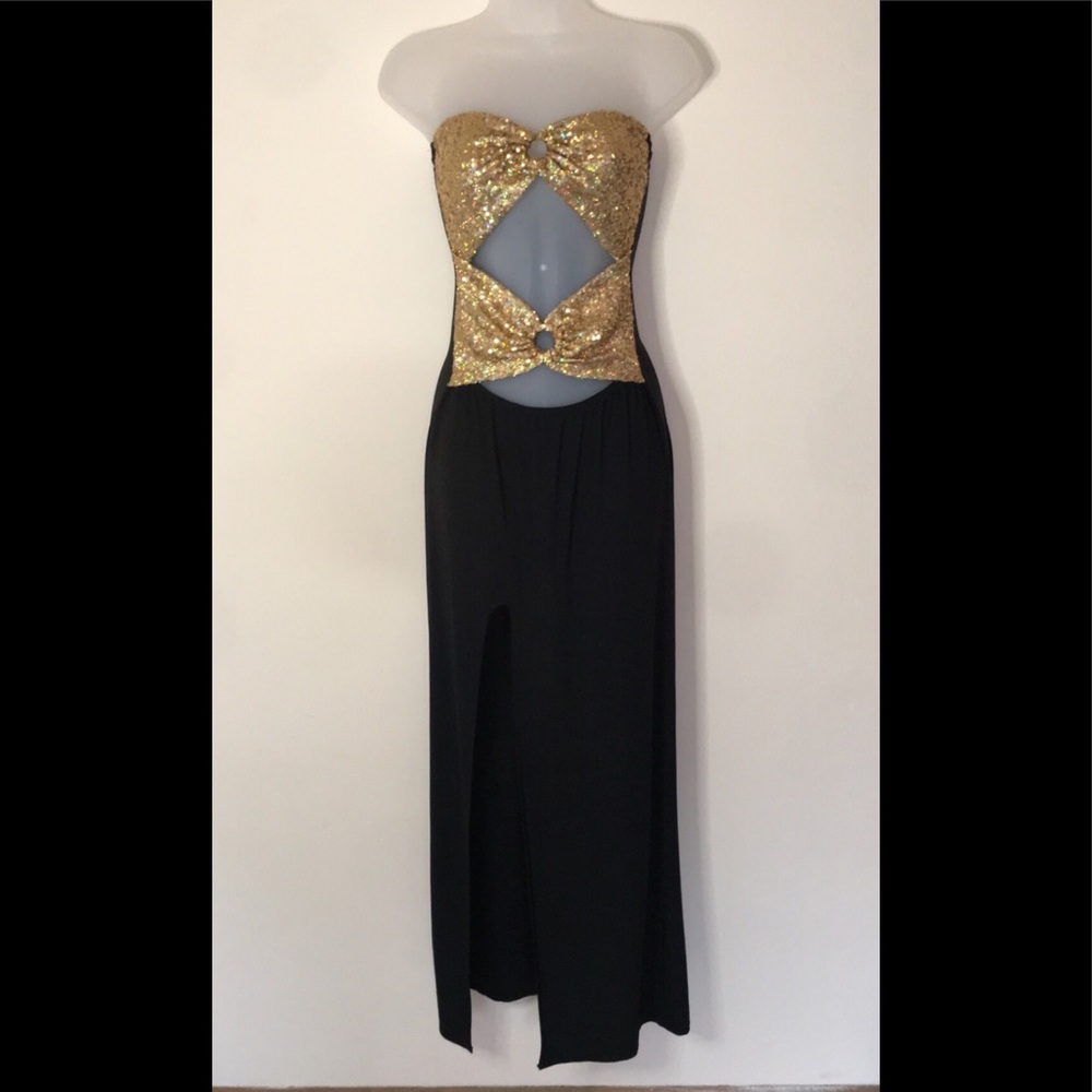 Long Dress Gown with Gold Sequin Top